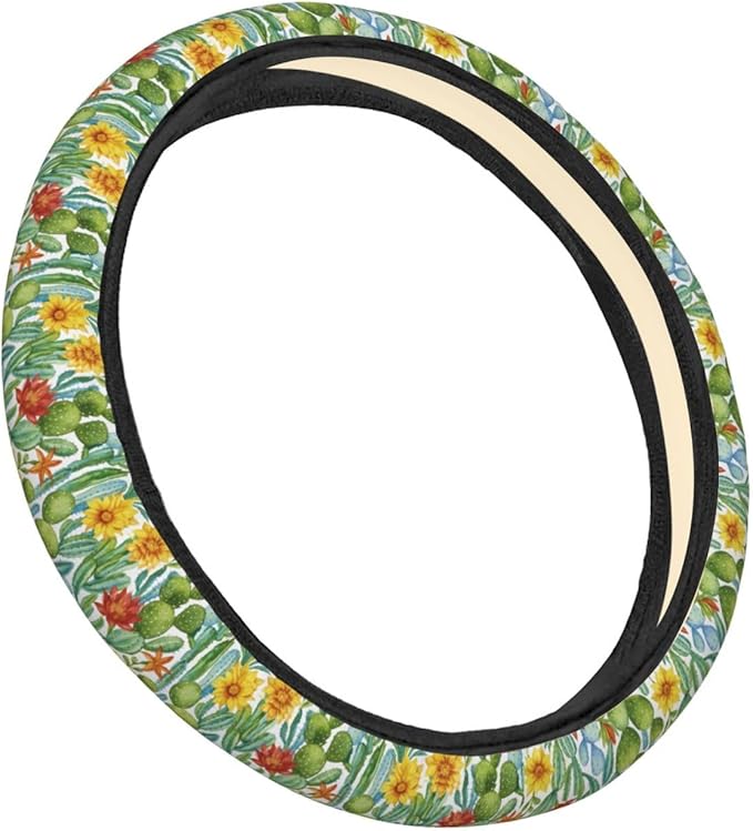 FeHuew Watercolor Cactus Floral Steering Wheel Cover for Women, Girls 15 inch Universal Auto Car Anti Slip Wrap Steering Wheel Covers Fit for Vehicles, Truck, SUV