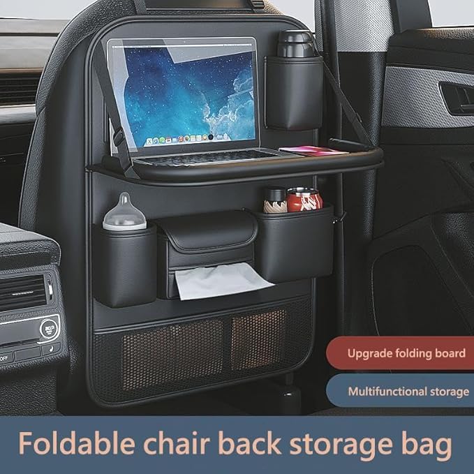 Car Backseat Organiser for Chevy Suburban 2020-2024, PU Leather Kick Mat, with Foldable Table - Waterproof Travel Storage Bag, Black