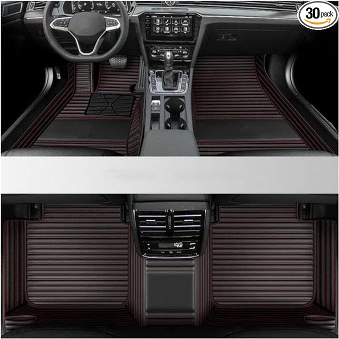 Custom Luxury Leather Car Floor Mats Upgrade Your Car's Interior All-Weather Protection for Cars, SUVs, Trucks Compatible with Automotive Mats (Black red Narrow Strip)