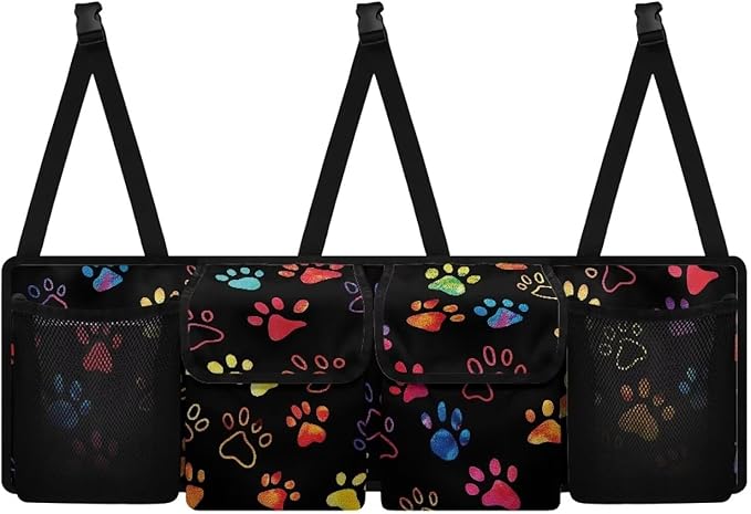 Dreaweet Colorful Dog Paw Print Trunk Organizer for Car Women Hanging Seat Back Storage Car Backseat Trunk Organizer Collapsible Car Storage Bag with 4 Pockets SUV Car Organizer