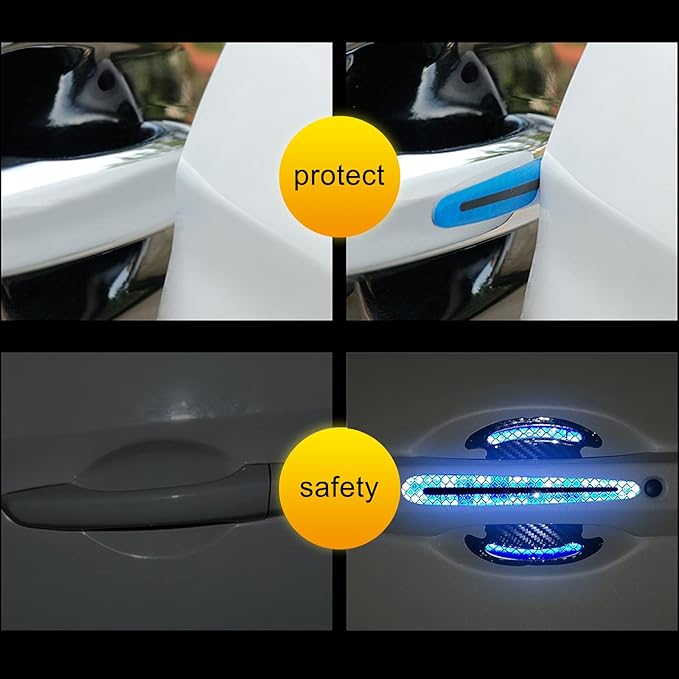 Car Door Handle Protector Reflective Sticker Universal Auto Carbon Fiber Door Handle Anti Scratch Cover Guard 8PCS Blue