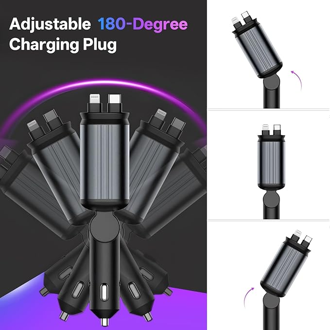 Retractable Car Charger, 4 in 1 Fast Charging Car Charger USB-C & USB-A Compatible with iPhone 16/15/14/13/12/11,Galaxy,Pixel