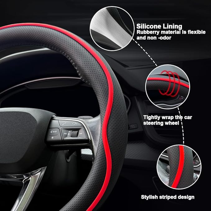 HAOTULE Leather Steering Wheel Cover， with Anti-Slip Stripe Design - Enhanced Grip, Fashion Style, Safe, Non-Slip, Breathable. Upgrade car Interior，Black red