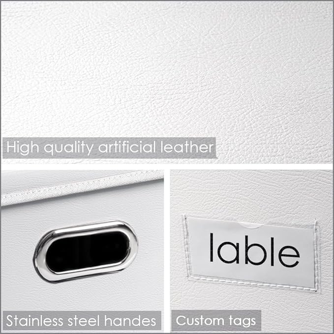 PRANDOM Collapsible Storage Box with Lid [1-Pack] Leather Fabric Foldable Storage Bin Organizer Container Basket Cube with Cover for Home Bedroom Closet Office Nursery White (22.8X15.7X11.8)