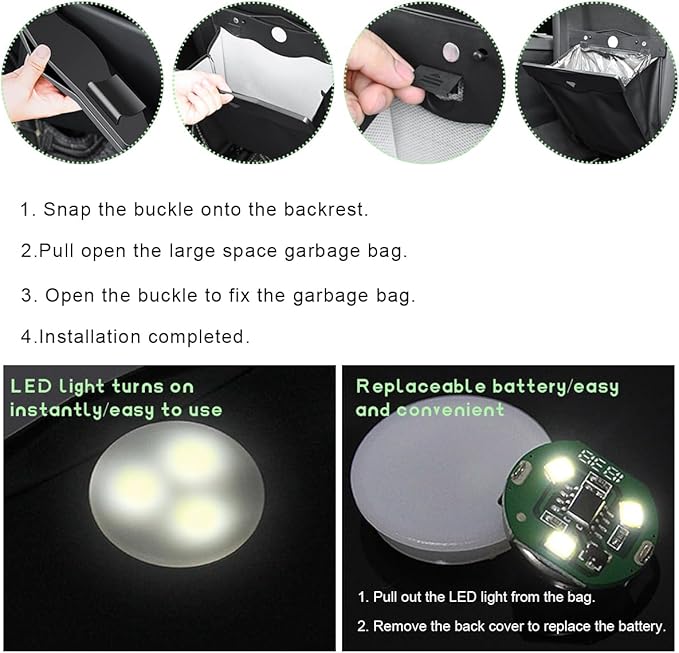 Smart LED Car Trash Can, Magnetic Leather Passenger Side Storage Pocket with Disposable Rubbish Bags, Waterproof Garbage Bag Multipurpose Hanging Container for Back Seat (Black)