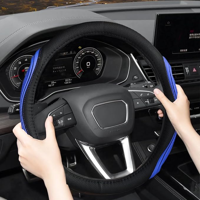 15 Inch Car Leather Steering Wheel Cover, Automotive Accessories Elastic Breathable Anti-Slip Soft Wheel Protector Fits Men and Women, Suitable for SUVs, Trucks, Vehicles and RVs (Black/Blue)