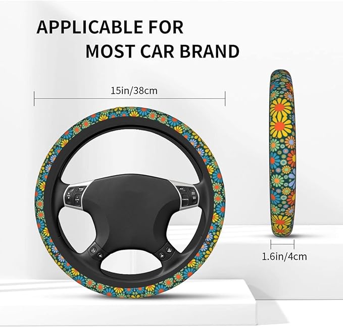 Hippie Daisy Flower Steering Wheel Cover for Women Men with 2 Pcs Car Coasters, Universal 14.5-15 Inch Rainbow Steering Wheel Covers Non-Slip Car Accessories for Girls
