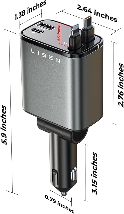 LISEN Longest 4 in 1 Retractable Car Charger 69W Retractable Car Charger for iPhone 17, Car Charge for iPhone 17 Pro Max 16 15 14 13 iPad, Prime for Day Deals, Uber Signs for Car