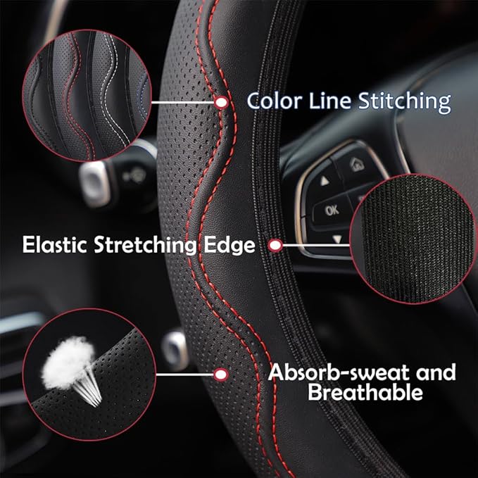 Elastic Steering Wheel Cover Universal 15 inch Steering Wheel Covers Soft Microfiber Leather Breathable Anti-Slip Durable Car Accessories Fit for Suvs, Vans, Trucks - Red