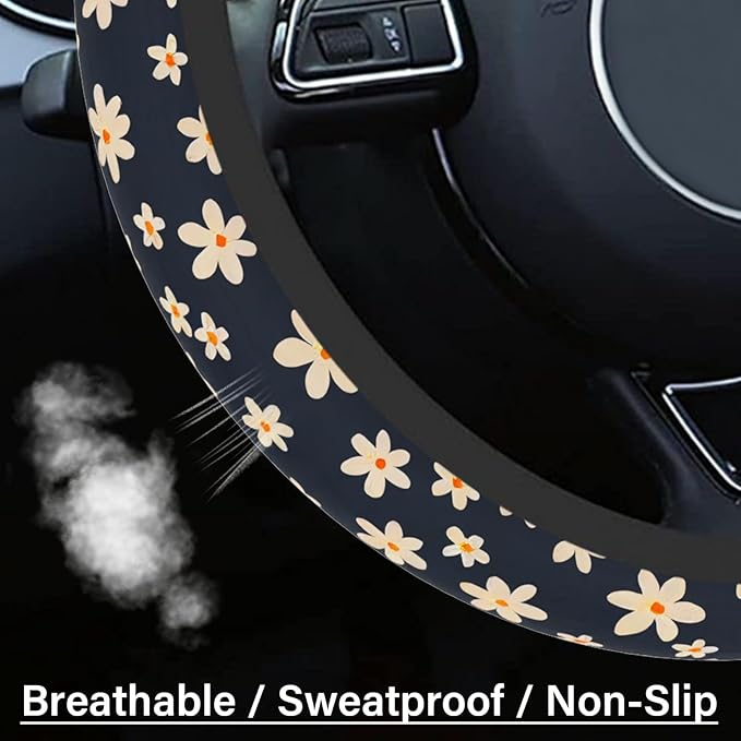 Steering Wheel Cover Neoprene Material Most Cars Men&Women Universal 15 inch Premium Non-Slip Spring Steering Wheel Protector Floral Car Accessories (Daisy Flower)