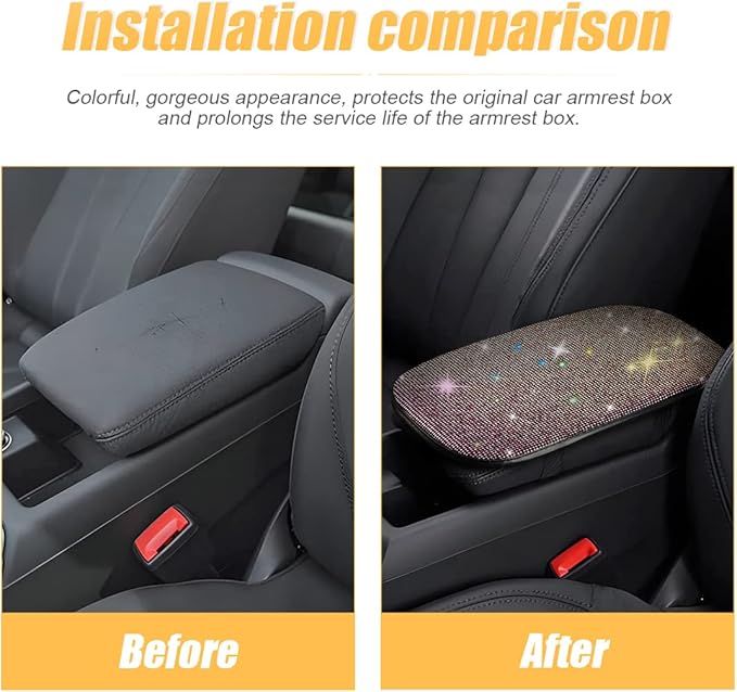 Bling Center Console Cover, Diamond Fashion ArmRest Pad, Crystal Soft Arm Rest Protective Cushion, Car Accessories for Women Girls, 11.8"×8.5" for Most of Vehicles, SUVs, Trucks (Black&MultiColour)