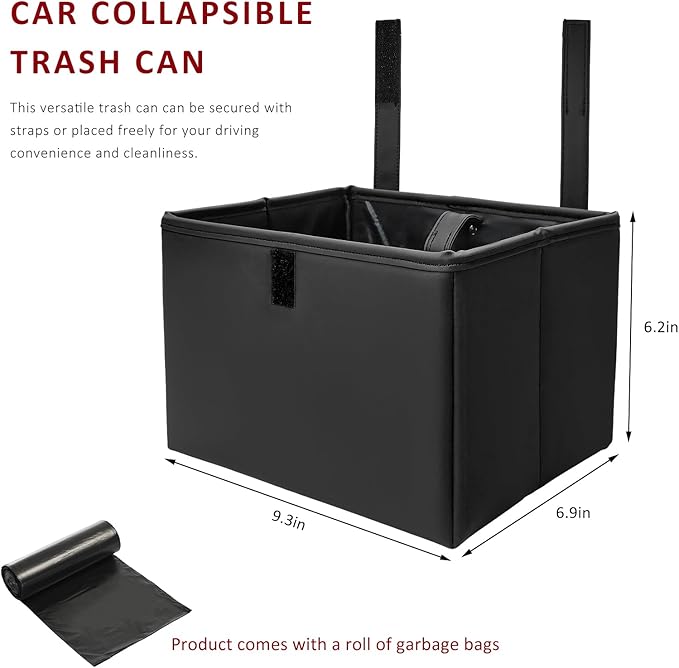 Car Trash Bin, Foldable Leather Auto Rubbish Can with Reinforced Bottom & Trash Bags, Waterproof Hanging Garbage Can Backseat Storage Box for Most Vehicles, Car Accessories (Black)