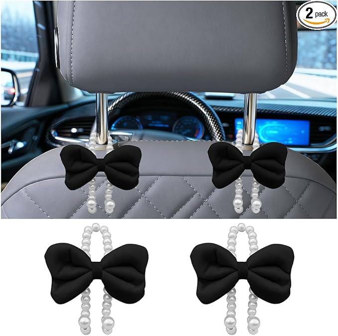 Car Seat Headrest Hook, 2PCS Elegant Bow Pearl Cute Vehicle Back Seat Hanger Hook, Automotive Headrest Storage Organizer for Handbag Purse Coat, Universal for SUV RV Truck (Black)