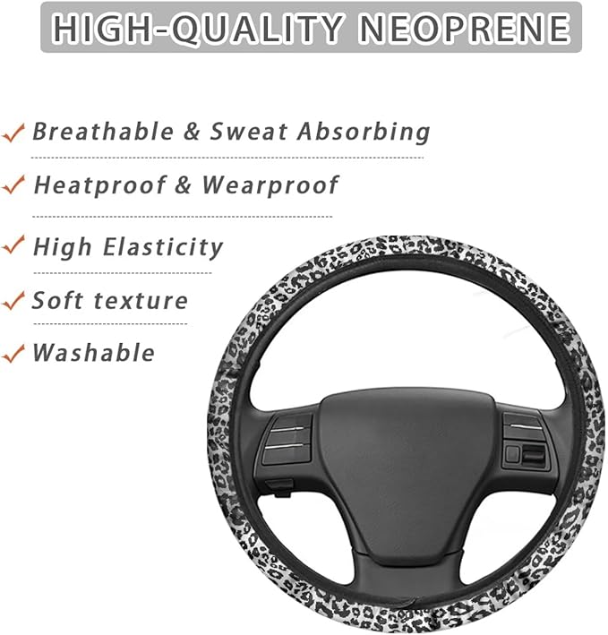 Universal Non-Slip Steering Wheel Cover, 15-inch Polyester Material Driving Accessories, Adjustable for Car and Truck(Artistic Black White Leopard)