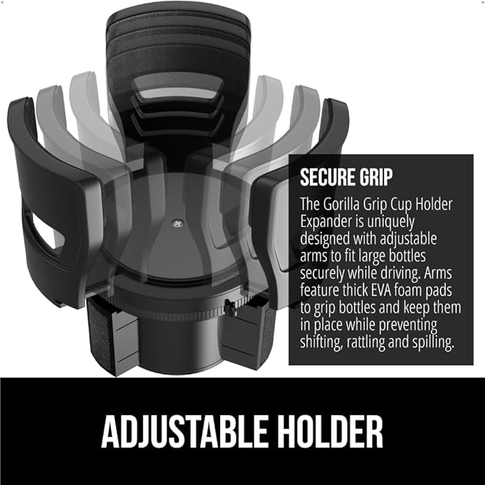 GORILLA GRIP Patent Pending Car Cup Holder Expander, Keeps Large Drink Cups Secure, Expands Fits Yeti, HydroFlask, Stanley 18 to 48oz Large Water Bottles, Coffee Mug, Adjustable Insert, Black