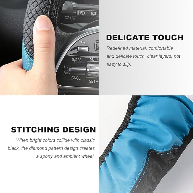 Car Steering Wheel Cover, 15 Inch Carbon Fiber Elastic Vehicle Steering Wheel Protector, Breathable Leather Auto Wheel Covers for Women Men, Interior Car Accessories (Black & Blue, AD)