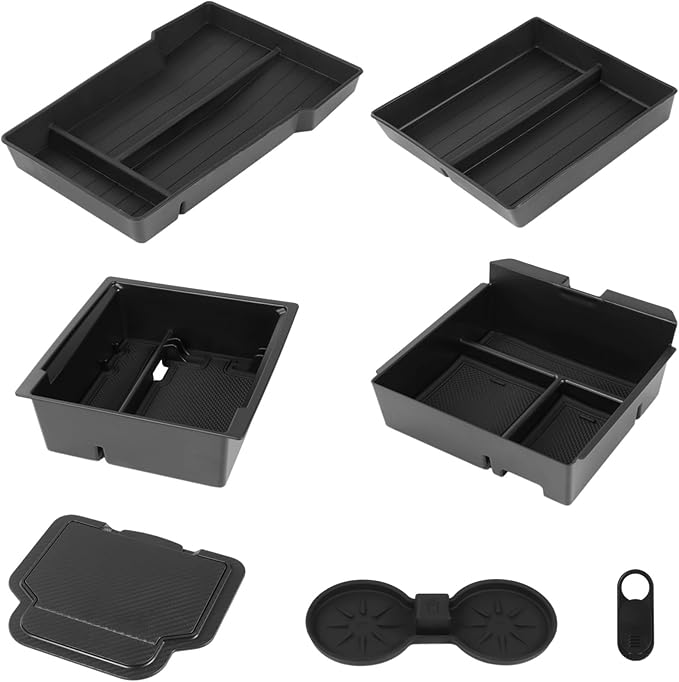 7 PCS Center Console Organizer Tray Set, 5 Storage Holders, Non-Slip Mat for Dual Cups, Webcam Cover, Compatible with Tesla M3 2024-2025, Model Y 2025, Interior Storage Accessories