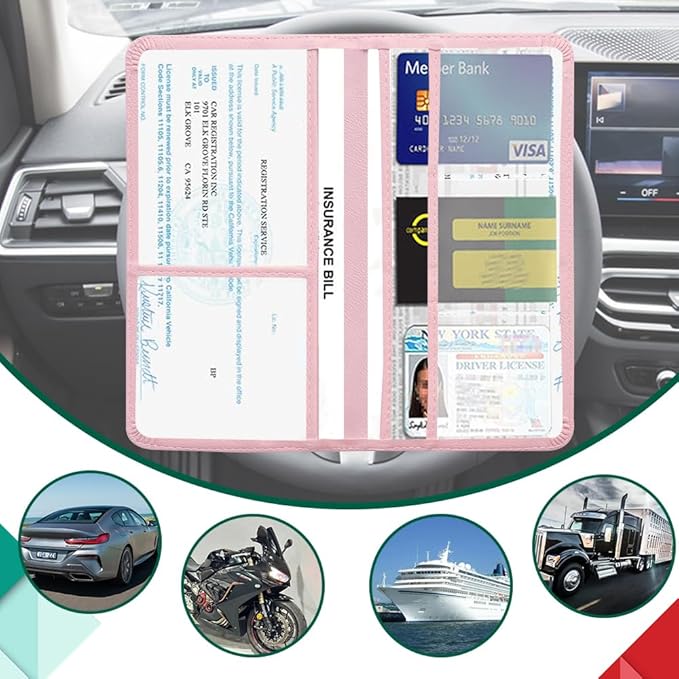 Vehicle Glove Box Car Organizer, Car Registration and Insurance Holder, Insurance Card Holder for Cars, Leather Card Holder Interior Auto Accessories for Women (Pink/Large)