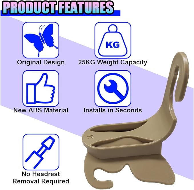 2PCS Cute Butterfly Car Seat Headrest Hook, Multifunctional Auto Interior Bag Organizer Holder, Car Back Seat Hanging Storage Double Hooks for Purse, Bag, Coat, Umbrella(Brown)