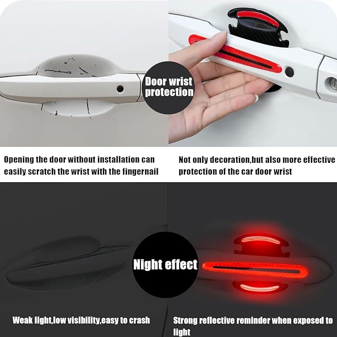 8Pcs Car Door Handle Protector Reflective Sticker,3D Carbon Fiber Universal Door Handle Scratch Protector Cover,Self-Adhesive & Non-Marking,Paint Guard Protective Films (Red)