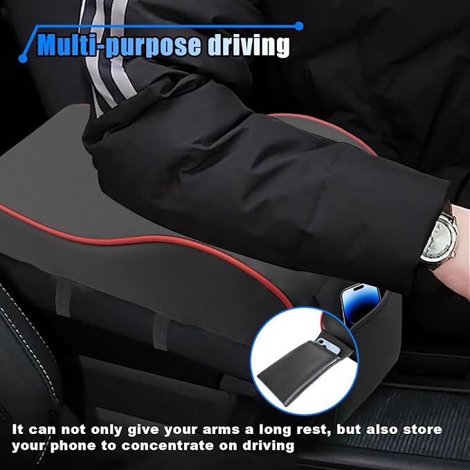 Car Armrest Cushion, Memory Foam Car Center Console Pillow Cushion with Phone Holder Storage Bag, Leather Arm Rest Pillow Cover, Universal Car Armrest Pad Accessories (Black/Red)