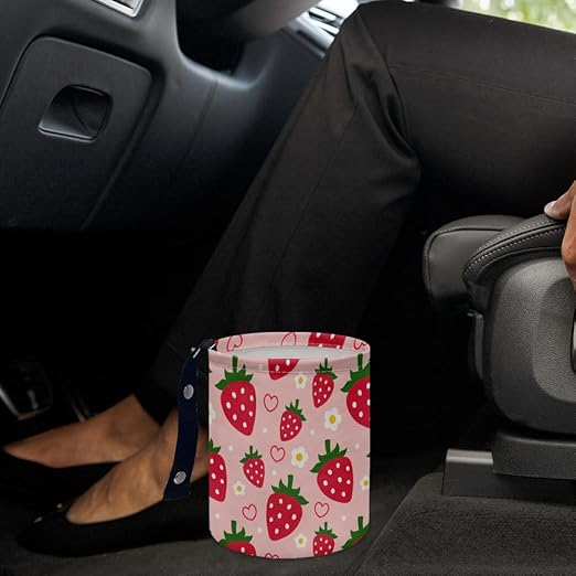 Strawberry and Flower Car Trash Can Waterproof Garbage Can Car-Seat Back Hanging Trash Bag Portable Camping Waste Bin Storage Bag Collapsible Rubbish Container for Women Car (5.9" W,7.2" H)