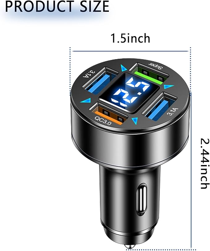 66W Fast Car Charger,4 Ports Cigarette Lighter USB Charger with LED Voltmeter,QC3.0/Super Port Car Charger Adapter Fast Charging,Compatible with Android/Samsung Galaxy/iPad(QC3.0/Super)