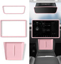 Farmogo Protector Trim Frame for 15.4'' Tesla Model Y & Model 3 Highland 2024-2026 Accessories with Wireless Silicone Charging Mat Screen Edge & Rearview Mirror Protector Frame (3 PCS Pink)