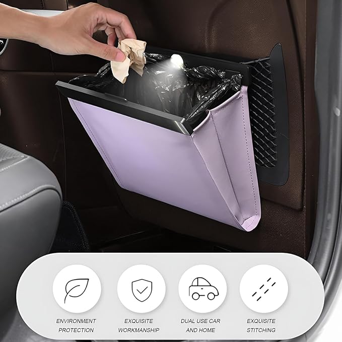 Car Trash Can, Smart LED Magnetic Hanging Leather Vehicle Backseat Garbage Bag Storage Pocket, Multifunctional Portable Auto Rubbish Container, Universal for Truck SUV Sedan (Purple)