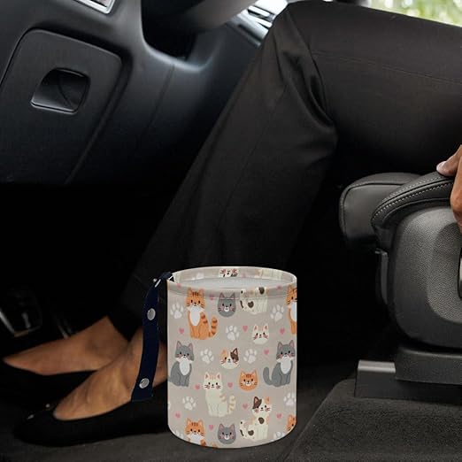 Cute Cats Car Trash Can Kitten Paws Waterproof Garbage Can Car-Seat Back Hanging Trash Bag Portable Camping Waste Bin Storage Bag Collapsible Rubbish Container for Car (5.9" W,7.2" H)