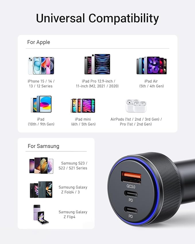 Car Charger for iPhone 16/16 Pro Max USB C Fast Charger,2Pack 90W 3-Port Charger Adapter for iPhone 16/16 Plus/16 Pro/16 Pro Max/15/14/Pro Max/AirPods4/ iPad Pro/Mini, (USB C to C Cable)