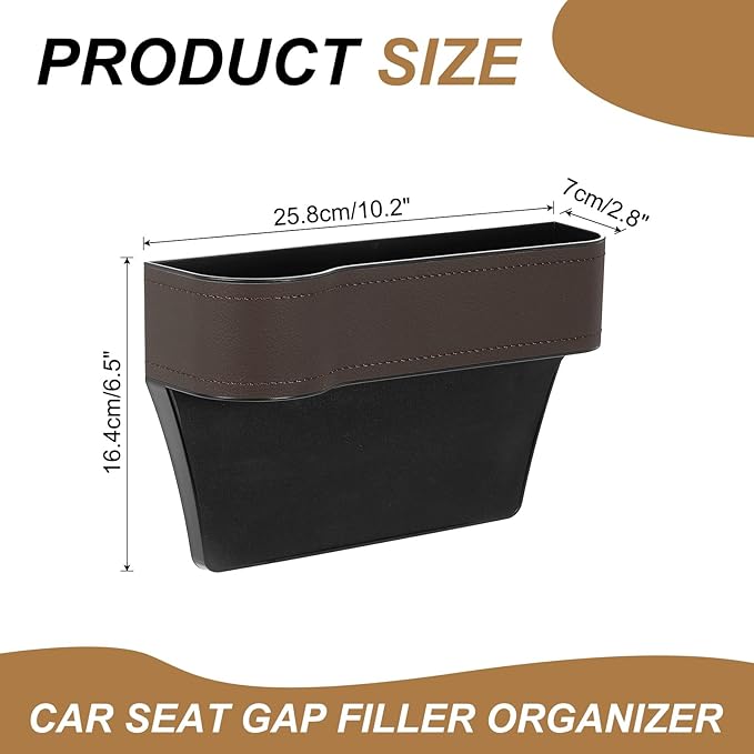 HARFINGTON Car Seat Gap Filler Organizer 10.2 x 6.5 x 3.1 Inch ABS+Leather Universal Car Organizer Storage Box Between Seat and Console (Left) with Cup Holders for Phone Keys, Brown