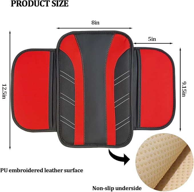 Car Center Console Cover, Soft Leather Sporty Armrest Protector Cushion with 2 Storage Pockets, Comfortable Auto Interior Middle Console Arm Rest Box Pad, Universal for Vehicles (Red)