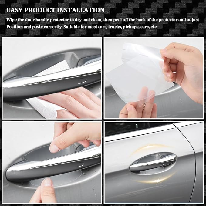 4PCS Car Door Handle Cup Scratch Protectors, Carbon Fiber Anti-Scratches Car Door Cup Protector, Universal Door Handle Protective Film, Car Door Handle Paint Cover Guard Pad for Most Car Handles