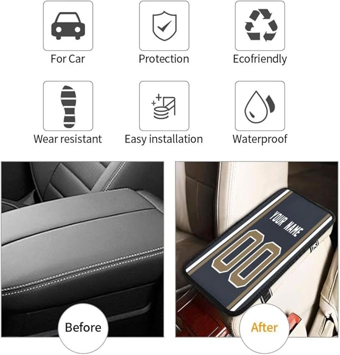 Custom Car Armrest Cover,Add Personalized Name and Number As Gifts for Loyal Football Fans,American Football Auto Center Console Pad Car handrail Box Cushion,Fit for Most Car Seat Box Cover Protector