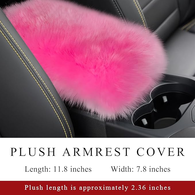 Car Center Console Cover Pad, Fluffy Middle Console Pad Armrest Seat Box Cover, Universal Furry Arm Rest Decoration Protector for Car Truck SUV, Interior Car Accessories (Dark Pink)