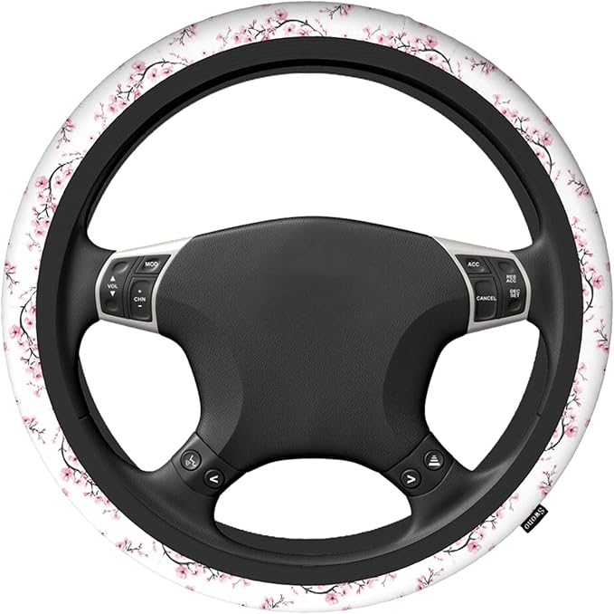 Swono Steering Wheel Cover for Men Women Watercolor Flower Branch of Cherry Blossom Flower Pink Universal 15 Inch Anti-Slip Odorless Breathable Car Wheel Protector