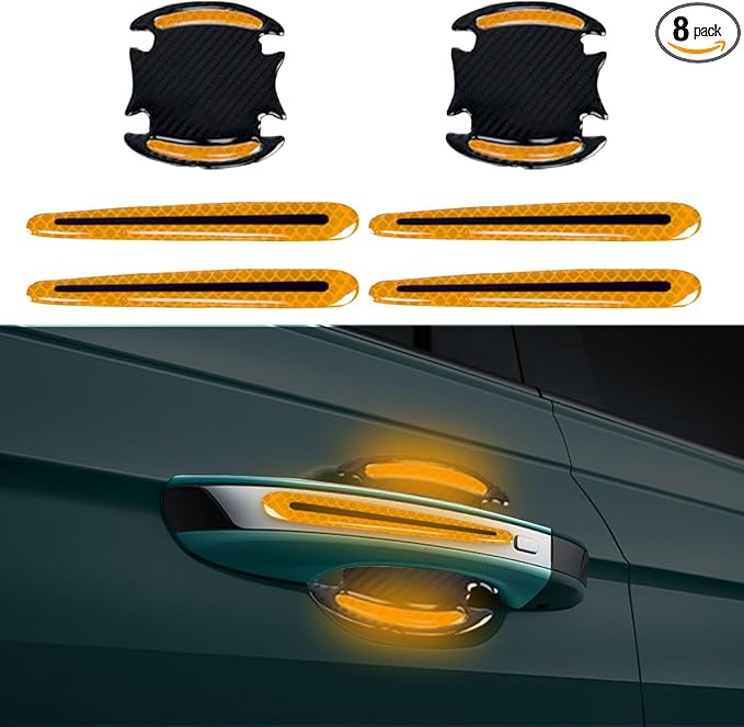 8PCS Reflective Car Door Handle Protector Sticker, Carbon Fiber Auto Door Handle Cup Paint Guard Protective Film, Anti-Scratches Car Door Handle Bowl Sticker, Self-Adhesive & Non-Marking(Yellow)
