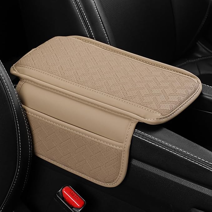 Car Center Console Cover, Microfiber Leather Vehicle Armrest Protector Cushion with 2 Storage Bags, Auto Middle Console Armrest Seat Box Pad Accessories, Universal for Most Cars (Beige)