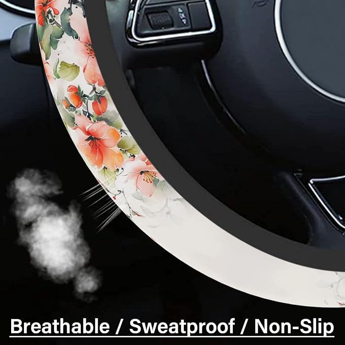 Steering Wheel Cover Neoprene Material Most Cars Men&Women Universal 15 inch Premium Non-Slip Spring Steering Wheel Protector Floral Car Accessories
