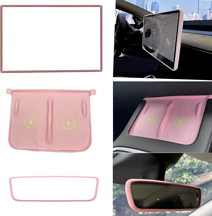 3 in 1 DIY Silicone Pad for Tesla，Center Console Wireless Charging Non Slip Silicone Pad + Screen Protector Frame + Rear View Mirror Cover Compatible with Tesla Model 3/Y 2021-2023
