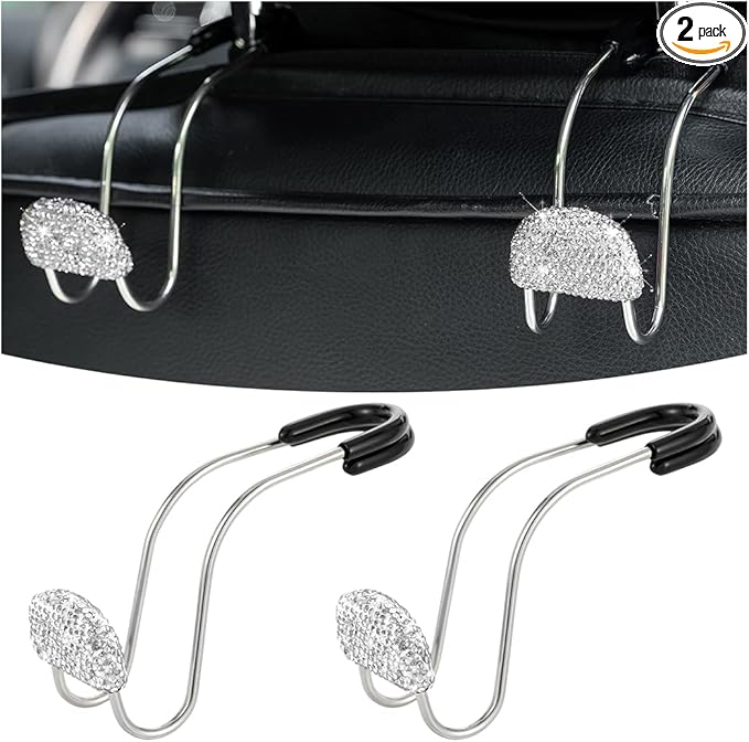 AUCELI Car Headrest Hook, 2 Pack Bling Backseat Organizer Hanger for Purse Clothes Grocery Bag, Rhinestones Auto Headrest Storage Holder, Universal Car Seat Accessories for Most Vehicle (White)