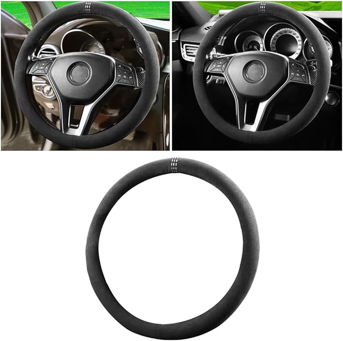 BESULEN Steering Wheel Cover, Anti-Slip and Breathable, Warm in Winter and Cool in Summer, 15 Inch Car Steering Wheel Protector with Grid of The Correction Marker for Men Women