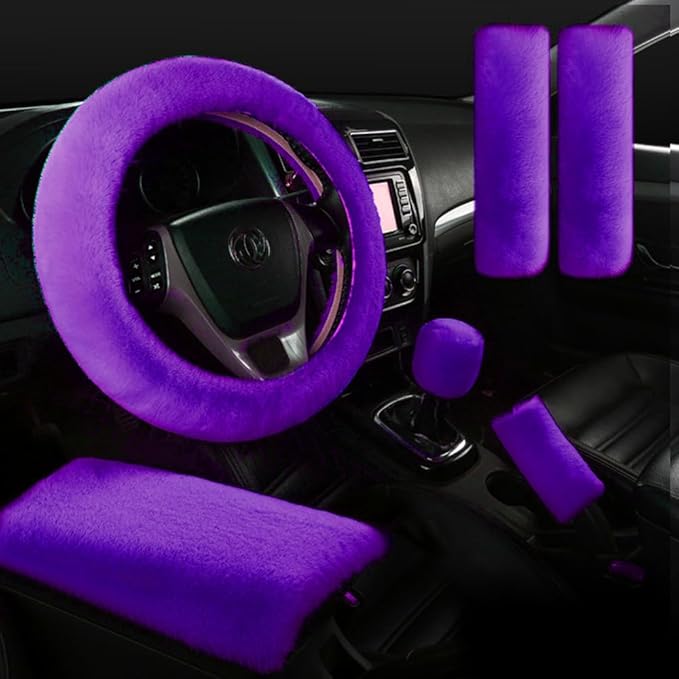 15inches Universal Leather Car Steering Wheel Cover Car Accessories Colorful Fuzzy Steering Wheel Cover Gear Shift Cover Handbrake Cover (Purple)