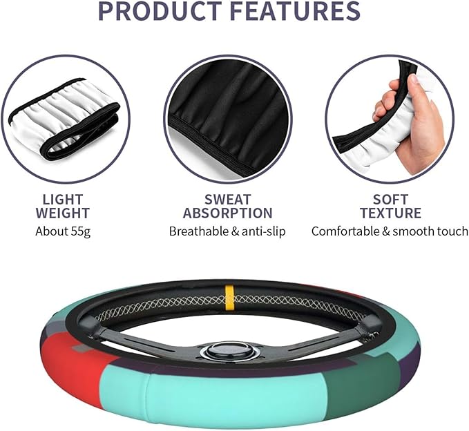 Striped Combination Steering Wheel Cover. Car Decor,Anti-Slip,Sweat Absorption,Easy Carry, Universal 15 Inch