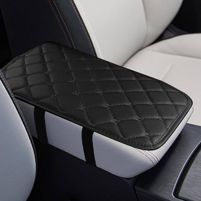 Car Center Console Cushion Pad, Comfortable PU Leather Vehicle Armrest Seat Box Cover, Waterproof Automotive Interior Arm Rest Protector Accessories, Universal Fit (Black)