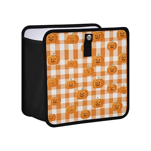 Car Trash Can Organizer Bin with Adjustable Strap for Back Front Seat Console Waterproof Leakproof Collapsible Portable 8.66 Inch Halloween Orange Plaid Pumpkin Heads