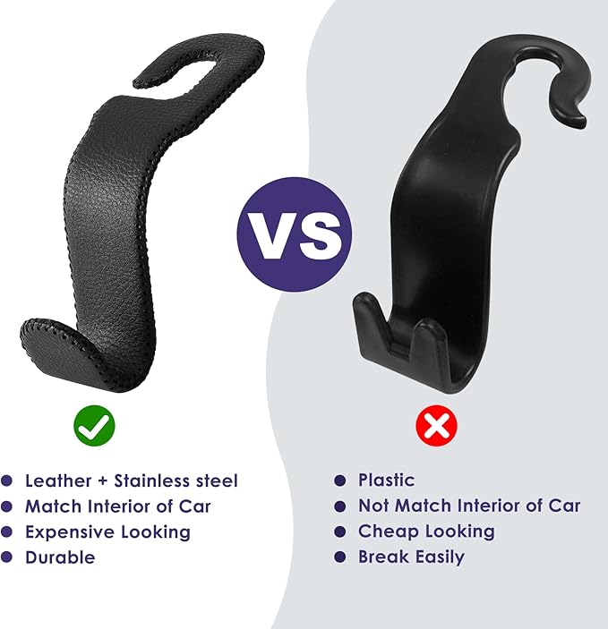AMVOYOA Leather Car Seat Hooks - U-Shaped Purse Holder for Car, Fully Leather-Wrapped Headrest Hooks for Purses, Bags & Coats, Durable Seat Back Organizer for Travel & Daily Use (Black, 2 Pack)