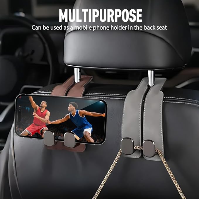 Medech Headrest Hooks for Car Car Seat Hooks for Headrest, 2025 Hooks for Purses and Bags Cute Car Purse Holder,Twinhook Leather Headrests Hangers Seat Back Organizers (Black-4PC)