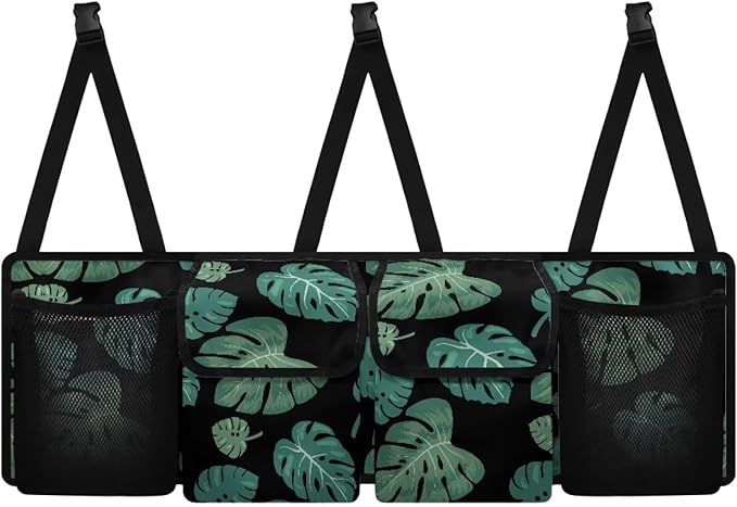Tropical Palm Leave Large Capacity Car Trunk Organizer, Waterproof Oxford Backseat Hanging Storage Bag with 4 Pockets, Foldable Car Organization for Car Tools, Car Accessory for SUV Truck